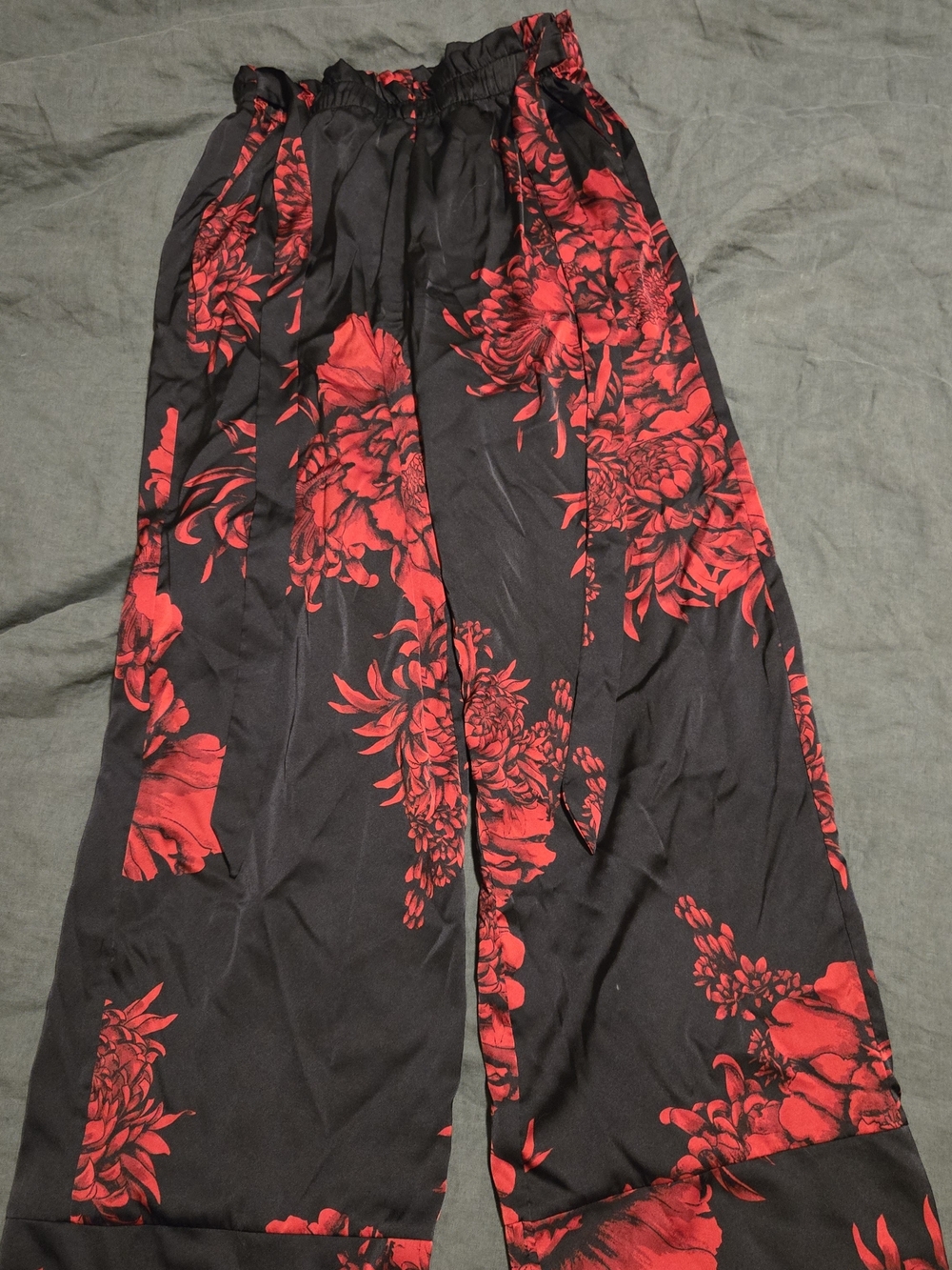 La Vie En Rose Black Pants with Red Floral Accent